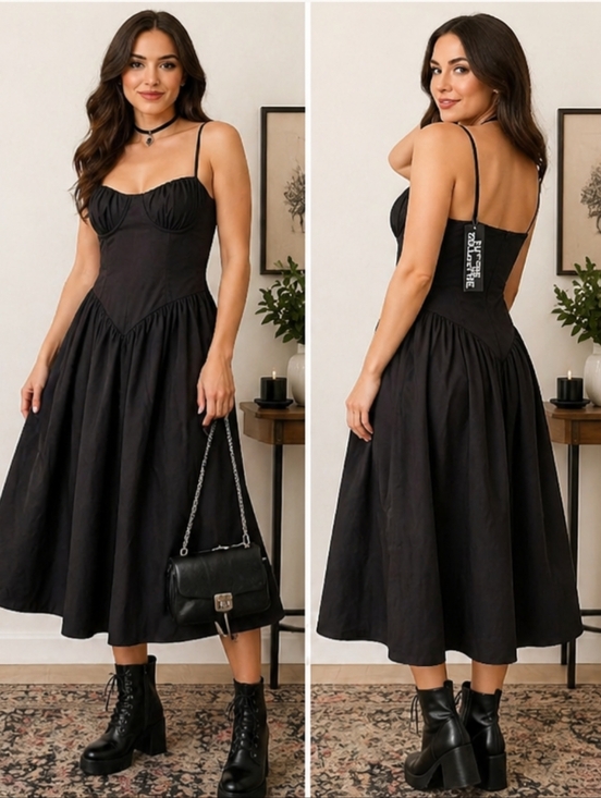 Future Collective Dresses & Skirts - Future Collective Black Midi Dress Goth Princess Spaghetti Strap Sweetheart